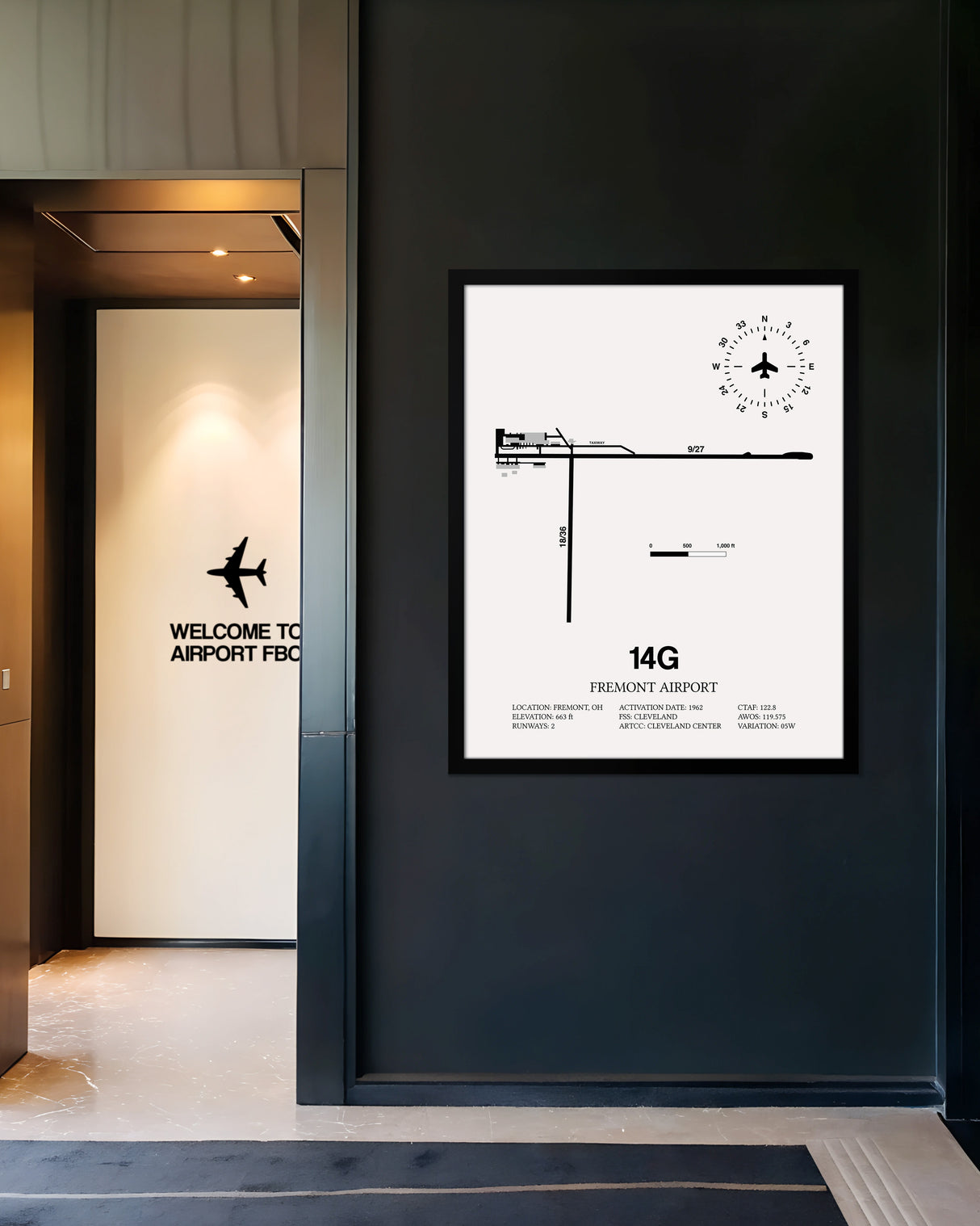 Framed Detailed Airport Map of Fremont Airport (14G) in White with a Black Frame