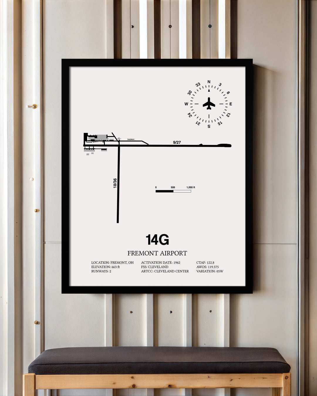 Framed Detailed Airport Map of Fremont Airport (14G) in White with a Black Frame