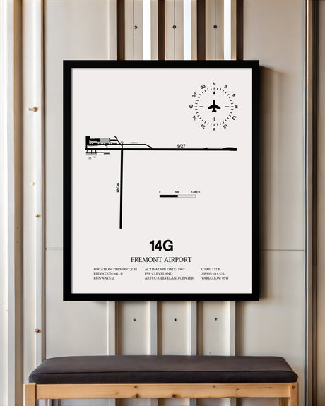 Framed Detailed Airport Map of Fremont Airport (14G) in White with a Black Frame
