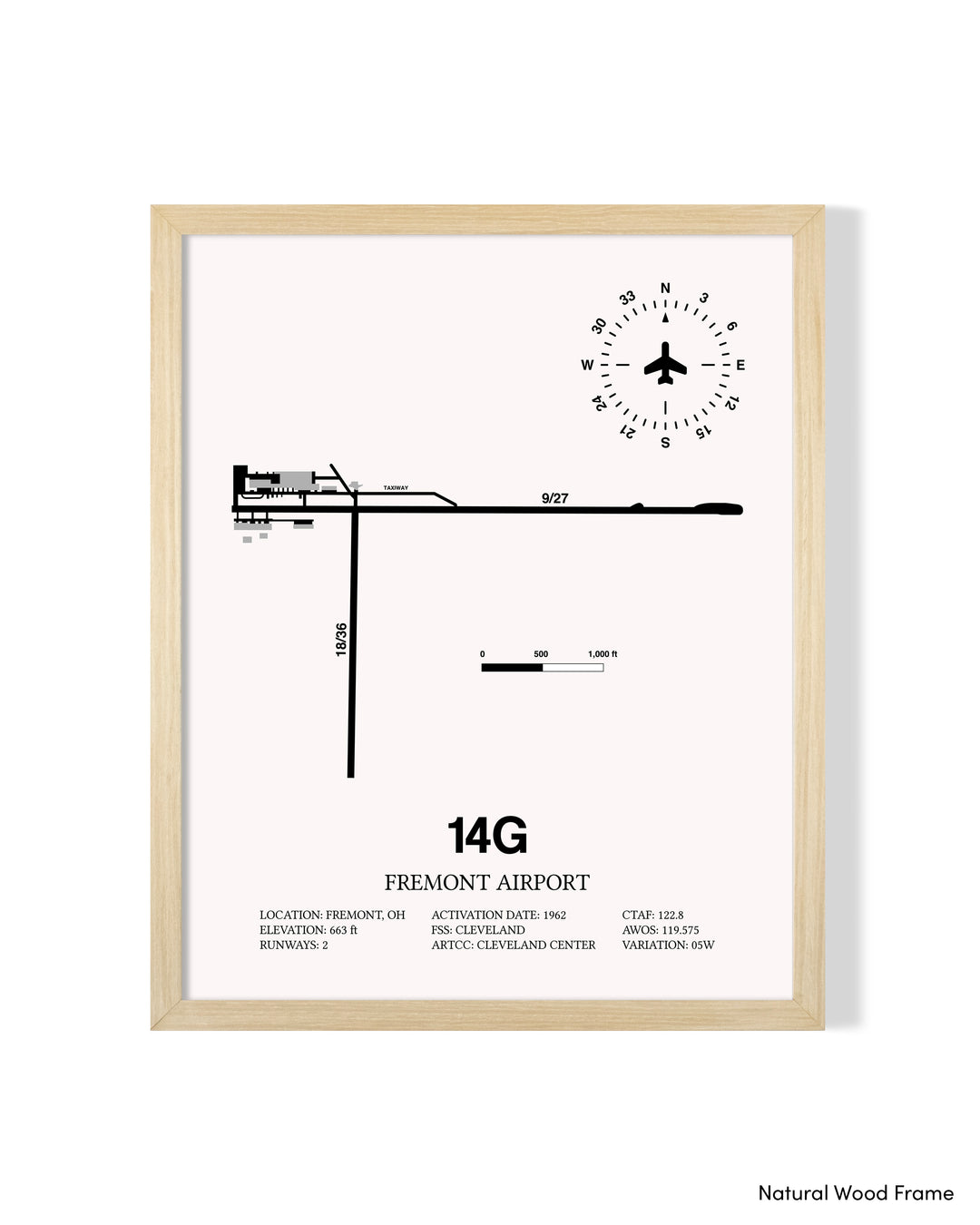Detailed Airport Map of Fremont Airport (14G) in White with a Natural Frame