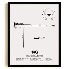 Framed Detailed Airport Map of Fremont Airport (14G) in White with a Black Frame