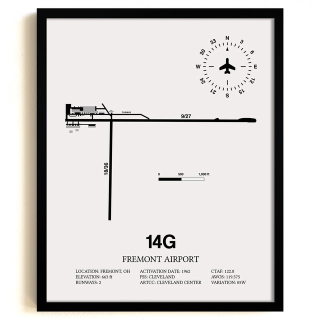 Framed Detailed Airport Map of Fremont Airport (14G) in White with a Black Frame