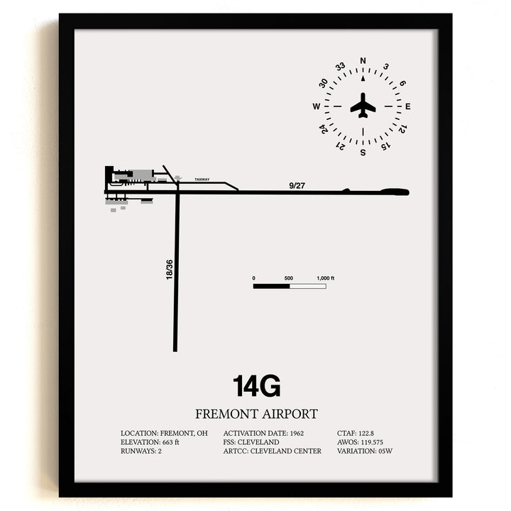 Framed Detailed Airport Map of Fremont Airport (14G) in White with a Black Frame