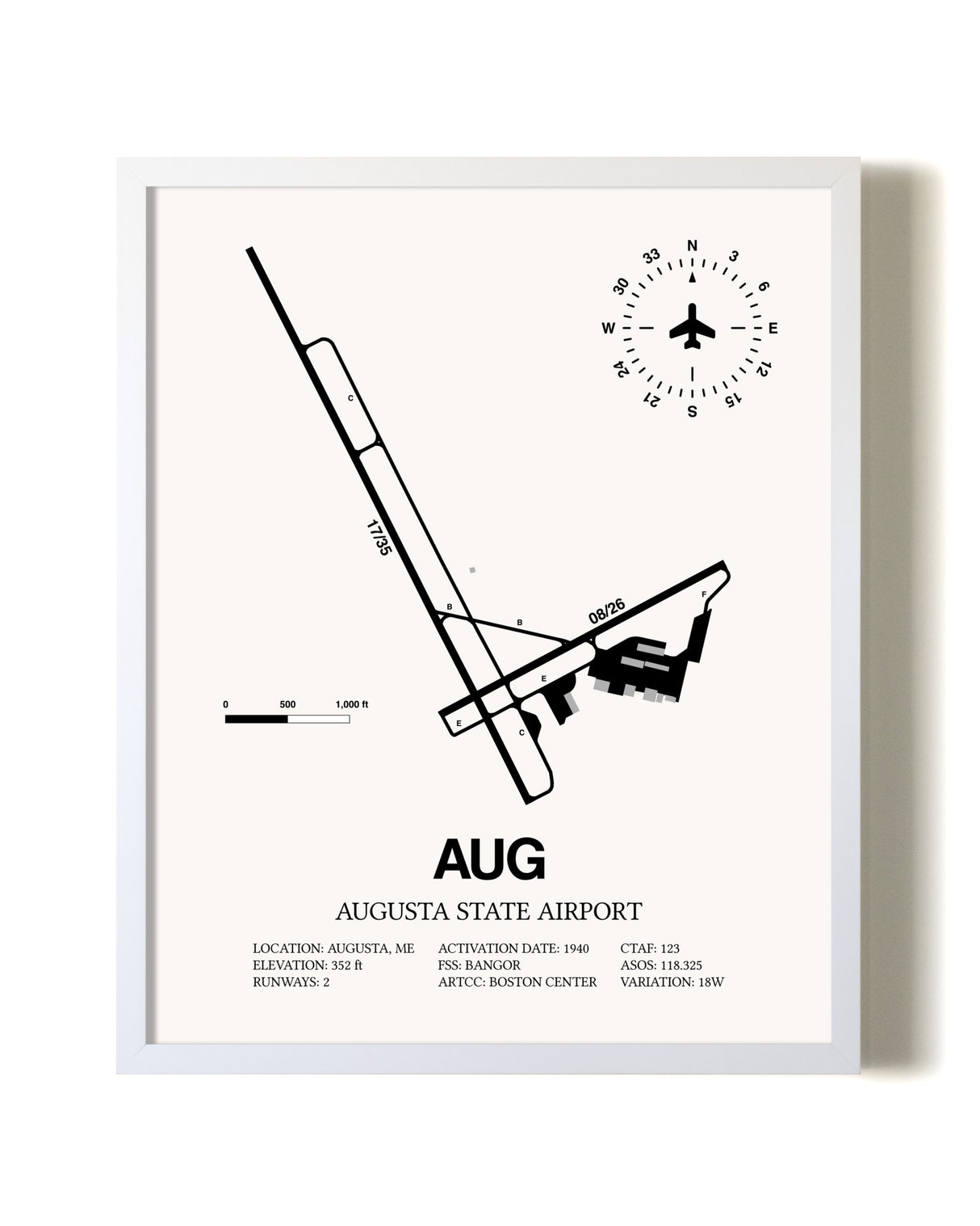 Augusta State Airport airport map poster in oak frame