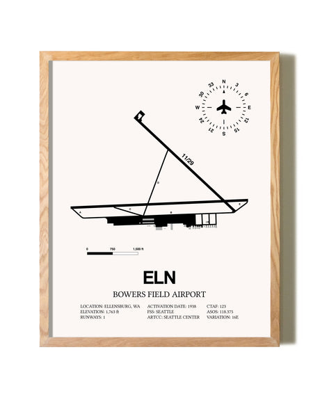 Bowers Field Airport framed print in natural wood frame