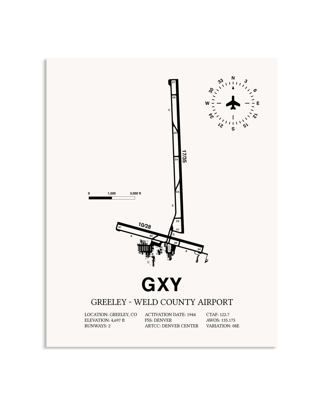 Gray Greeley-Weld County Airport framed poster displayed in an airplane hangar