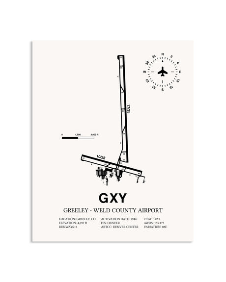 Gray Greeley-Weld County Airport framed poster displayed in an airplane hangar