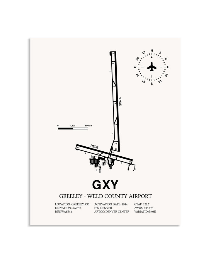 Gray Greeley-Weld County Airport framed poster displayed in an airplane hangar
