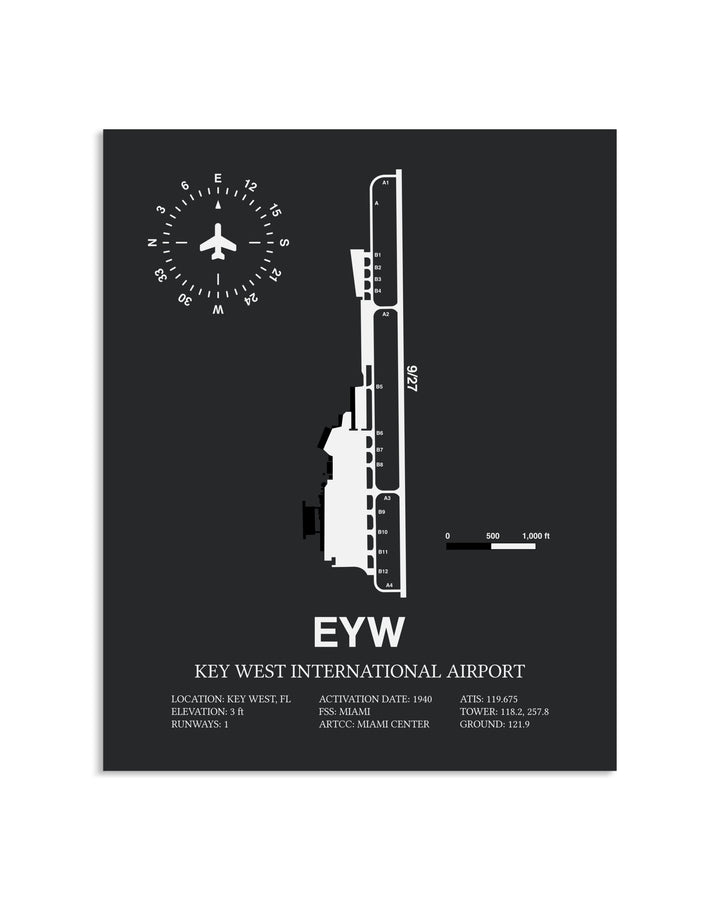 Gray Framed Key West International Airport layout wall art poster