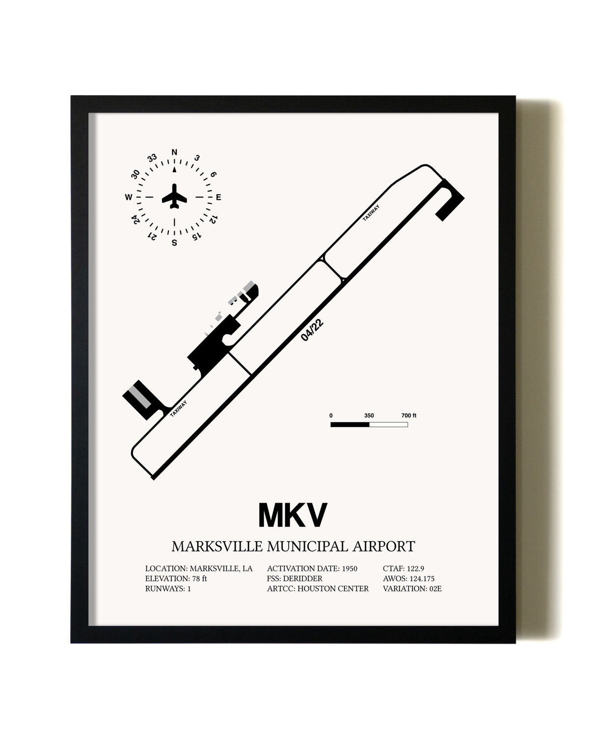 Framed Marksville Municipal Airport wall art poster in black frame