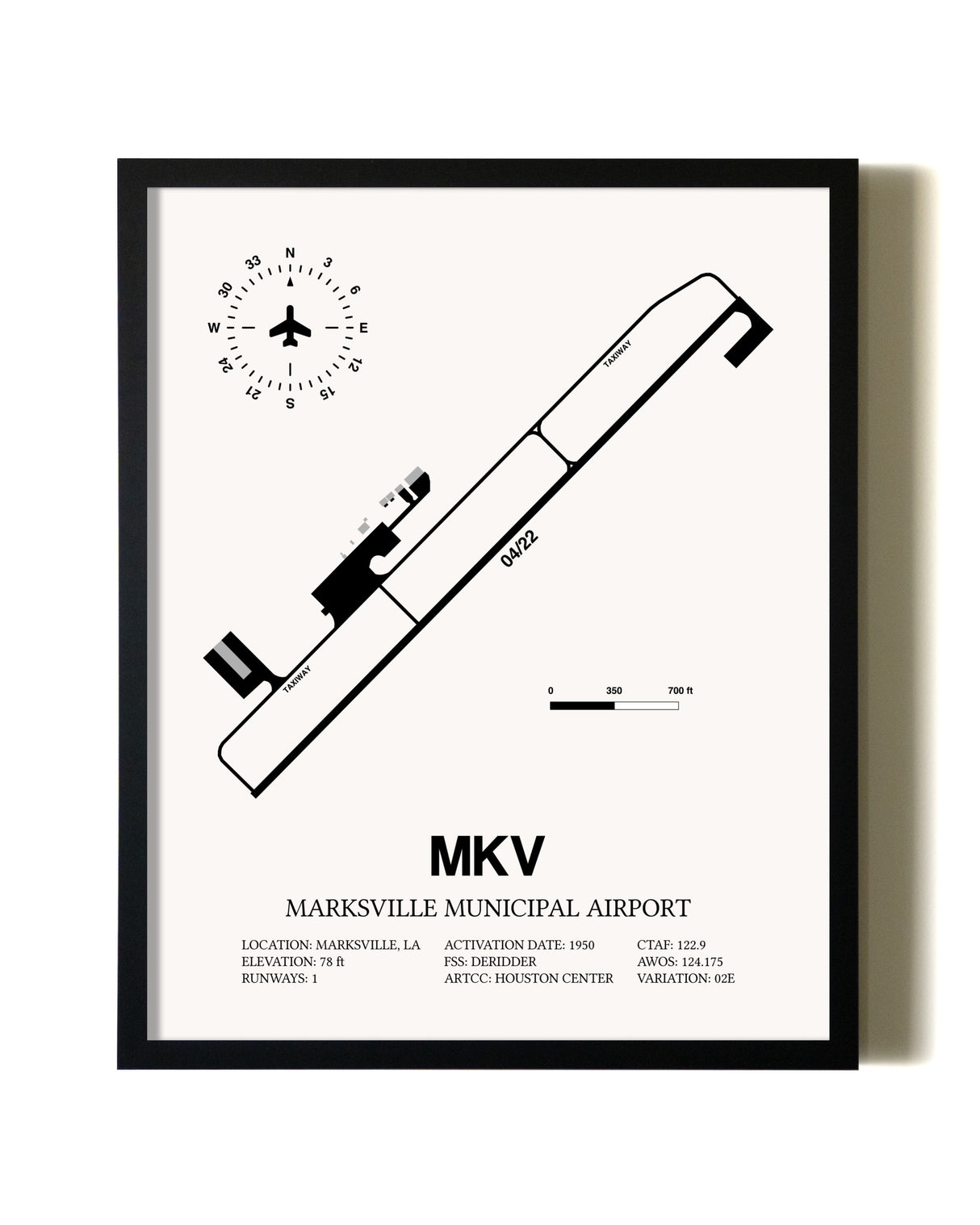 Framed Marksville Municipal Airport wall art poster in black frame