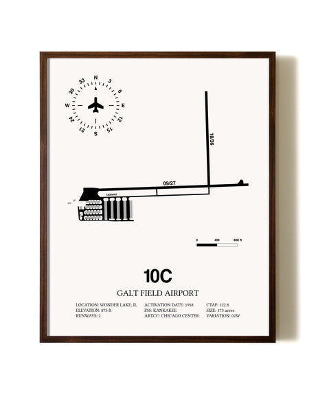 Galt Field Airport aviation print in walnut frame