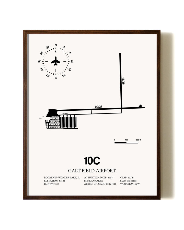 Galt Field Airport aviation print in walnut frame