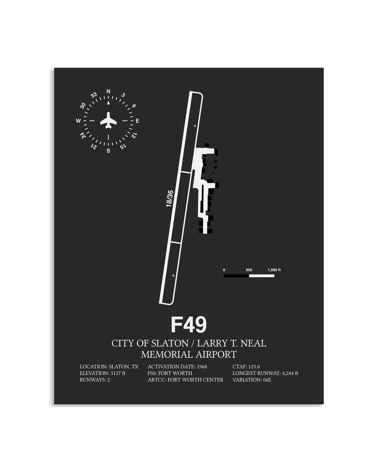 Gray Framed City Of Slaton / Larry T. Neal Memorial Airport layout wall art poster