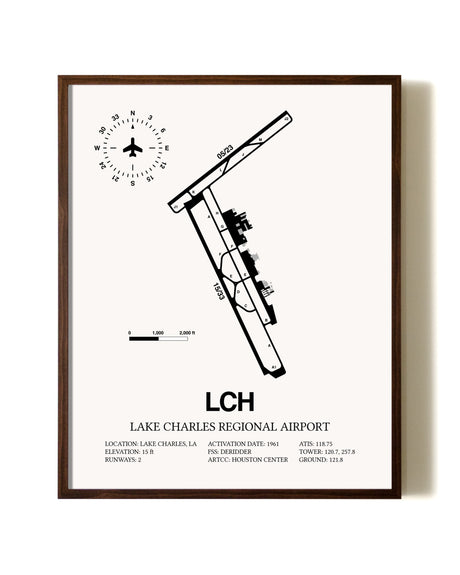 Lake Charles Regional Airport aviation print in walnut frame