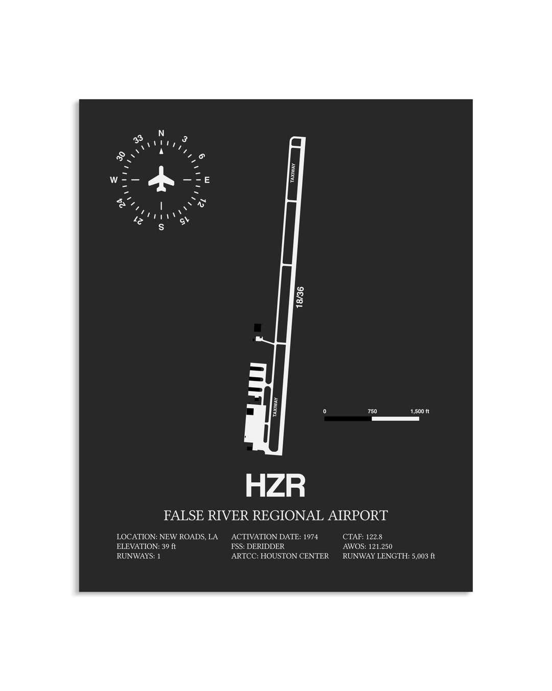 Gray Framed False River Regional Airport layout wall art poster