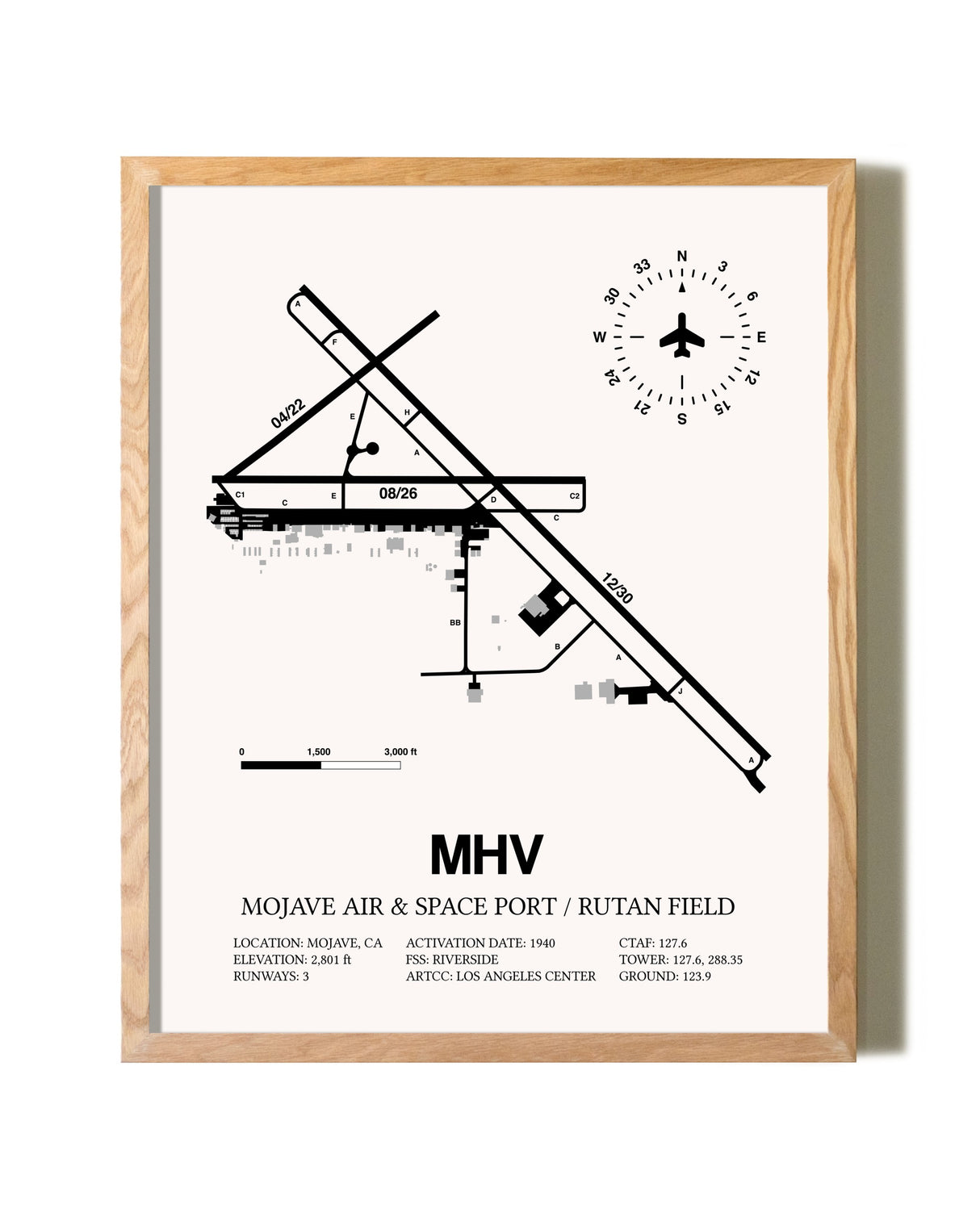 Mojave Air & Space Port / Rutan Field framed print in natural wood frame
