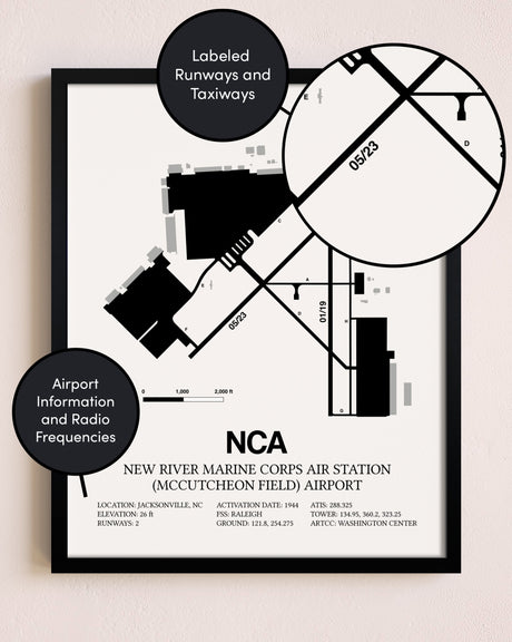 Framed New River Marine Corps Air Station (McCutcheon Field) Airport layout wall art poster