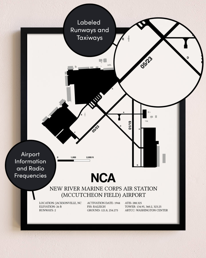 Framed New River Marine Corps Air Station (McCutcheon Field) Airport layout wall art poster