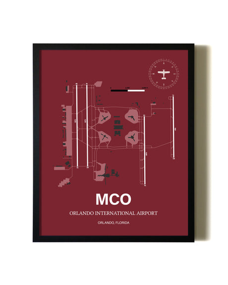 Red Framed Orlando International Airport wall art poster in black frame