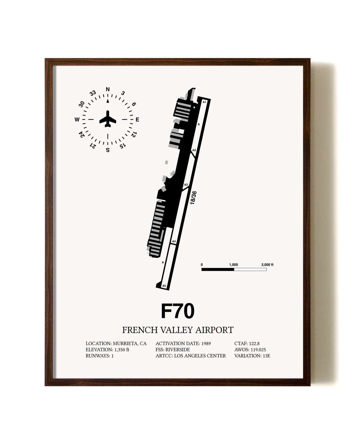 French Valley Airport aviation print in walnut frame