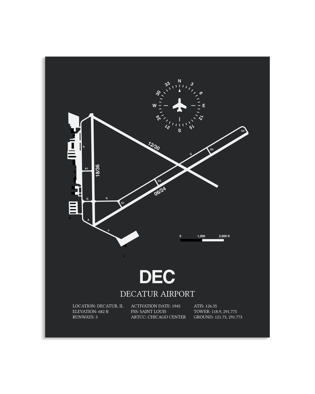 Gray Framed Decatur Airport layout wall art poster