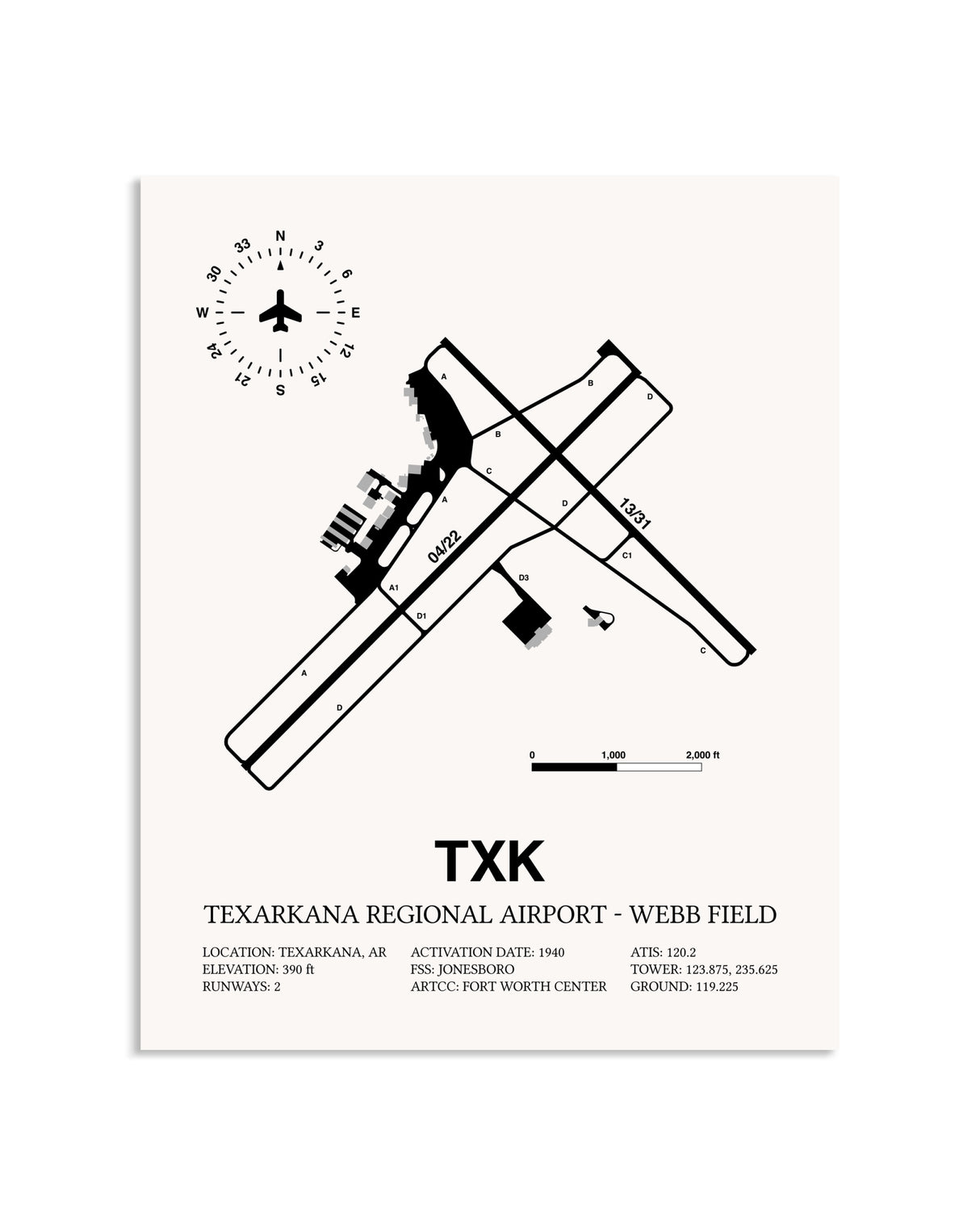 Gray Texarkana Regional Airport-Webb Field framed poster displayed in an airplane hangar
