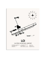 Gray Laconia Municipal Airport framed poster displayed in an airplane hangar