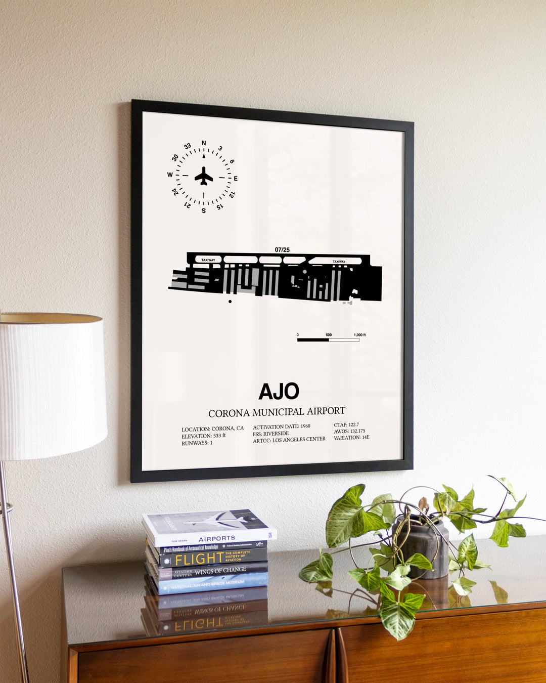 Corona Municipal Airport aviation wall décor in black wood frame