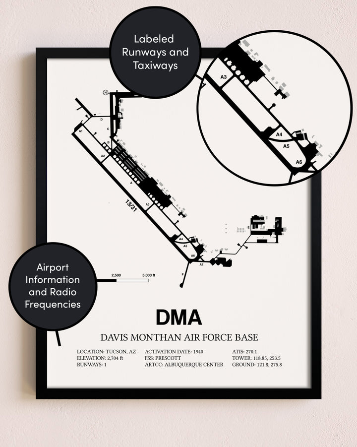 Framed Davis Monthan Air Force Base layout wall art poster