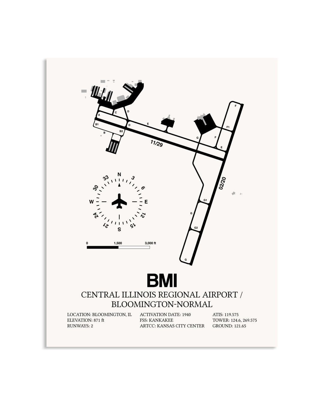 Gray Central Illinois Regional Airport / Bloomington-Normal framed poster displayed in an airplane hangar