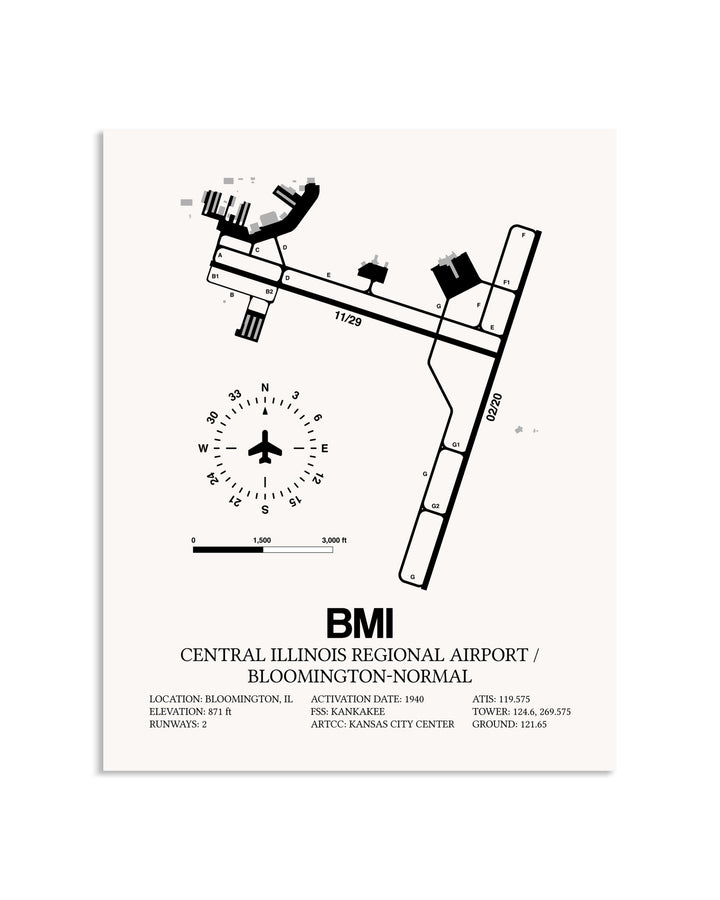 Gray Central Illinois Regional Airport / Bloomington-Normal framed poster displayed in an airplane hangar