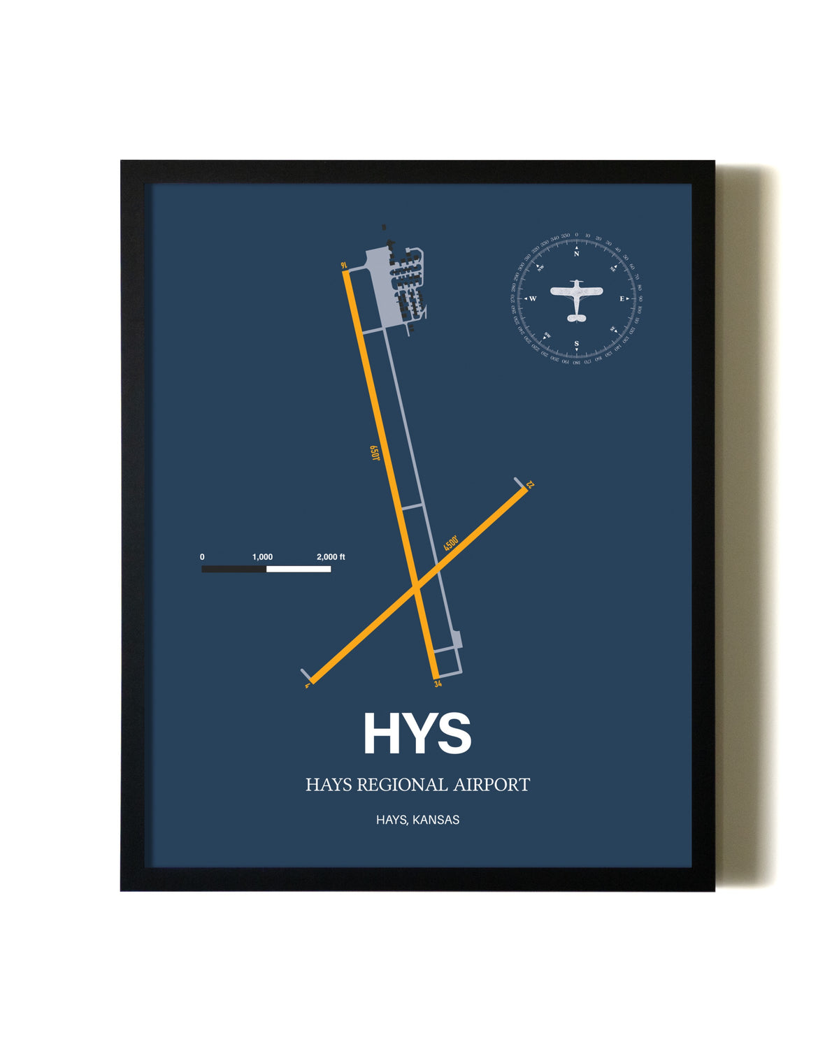 Blue and Yellow Framed Hays Regional Airport wall art poster in black frame