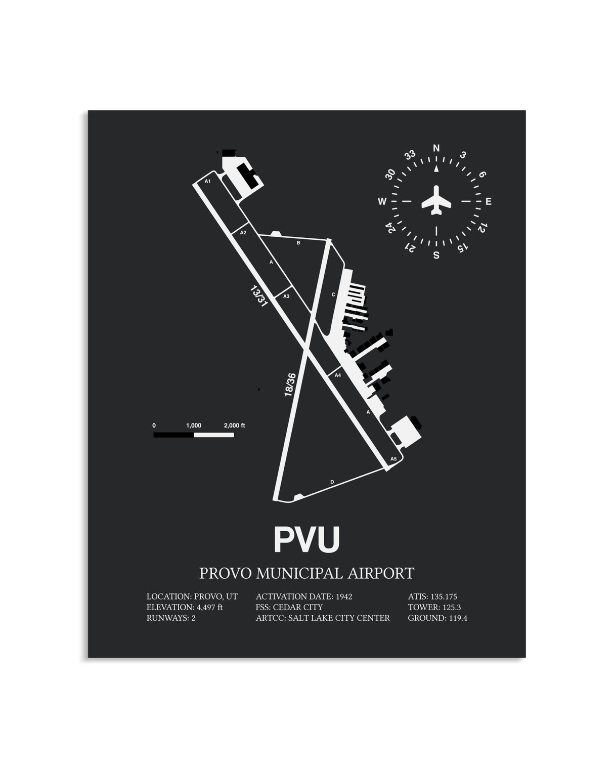 Gray Framed Provo Municipal Airport layout wall art poster