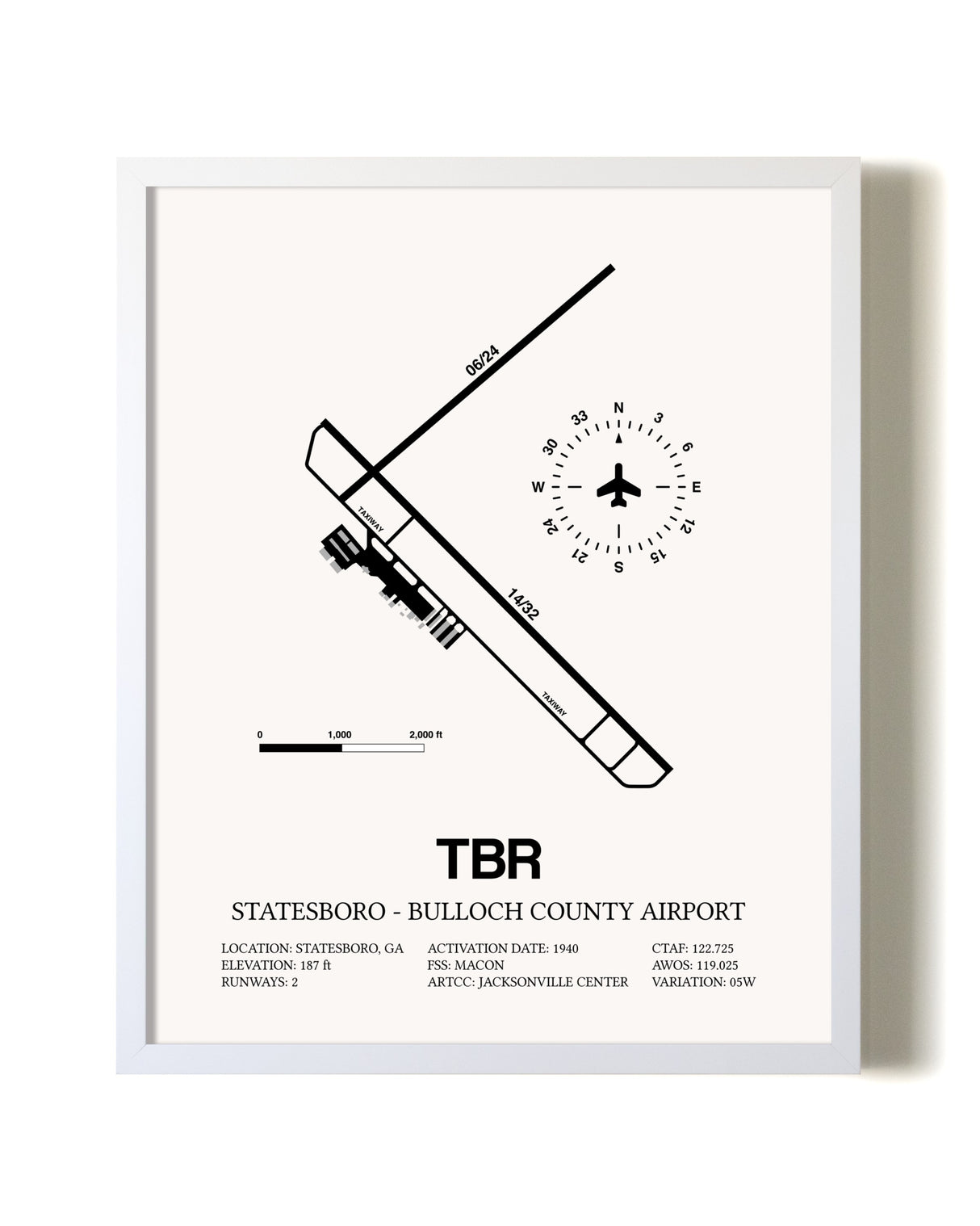 Statesboro-Bulloch County Airport airport map poster in oak frame