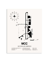 Gray McClellan Airfield framed poster displayed in an airplane hangar