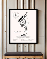 Kalamazoo / Battle Creek International Airport framed poster displayed in an airplane hangar