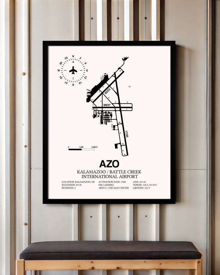 Kalamazoo / Battle Creek International Airport framed poster displayed in an airplane hangar