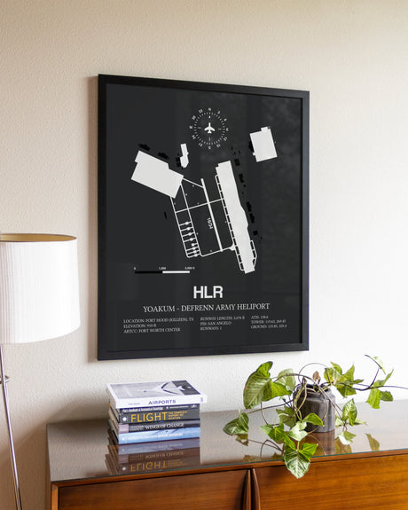Gray Framed Yoakum-Defrenn Army Heliport wall art poster in black frame