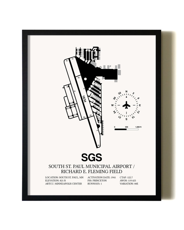 Framed South St. Paul Municipal Airport / Richard E. Fleming Field wall art poster in black frame
