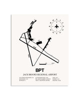 Gray Jack Brooks Regional Airport framed poster displayed in an airplane hangar