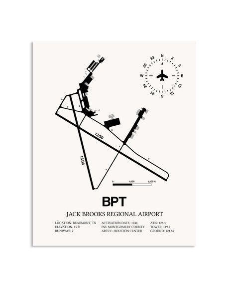 Gray Jack Brooks Regional Airport framed poster displayed in an airplane hangar