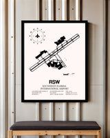 Southwest Florida International Airport framed poster displayed in an airplane hangar