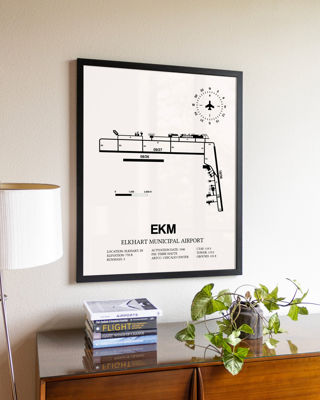 Elkhart Municipal Airport aviation wall décor in black wood frame