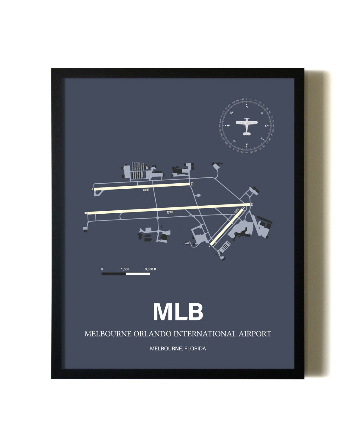Blue and Cream Framed Melbourne Orlando International Airport layout wall art poster