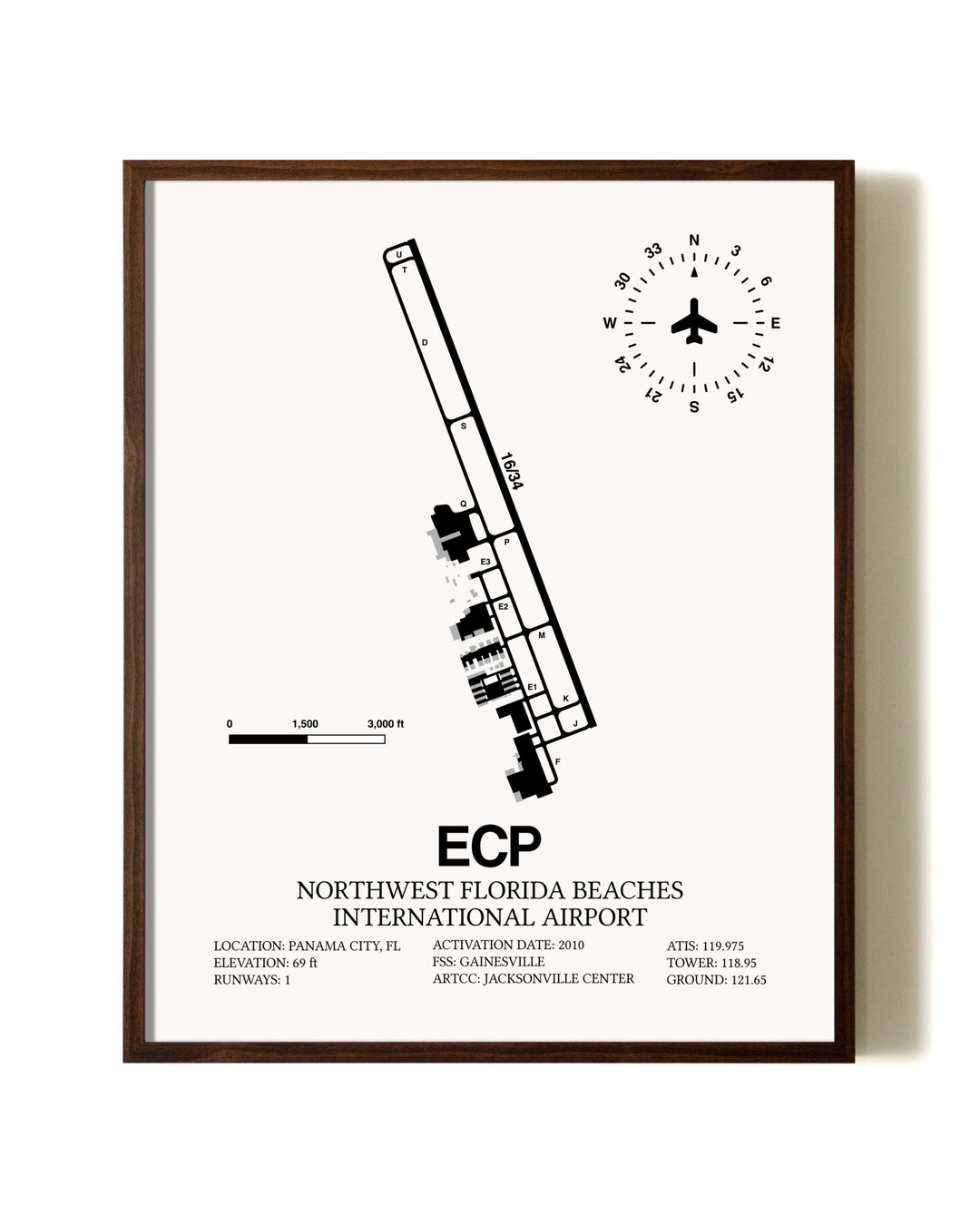 Northwest Florida Beaches International Airport aviation print in walnut frame