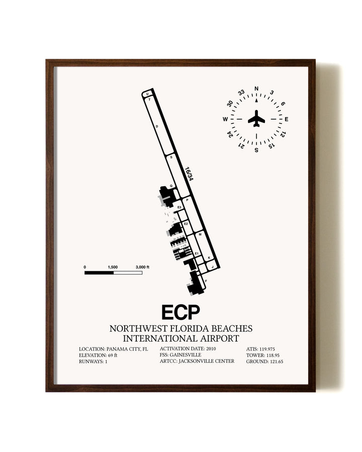 Northwest Florida Beaches International Airport aviation print in walnut frame