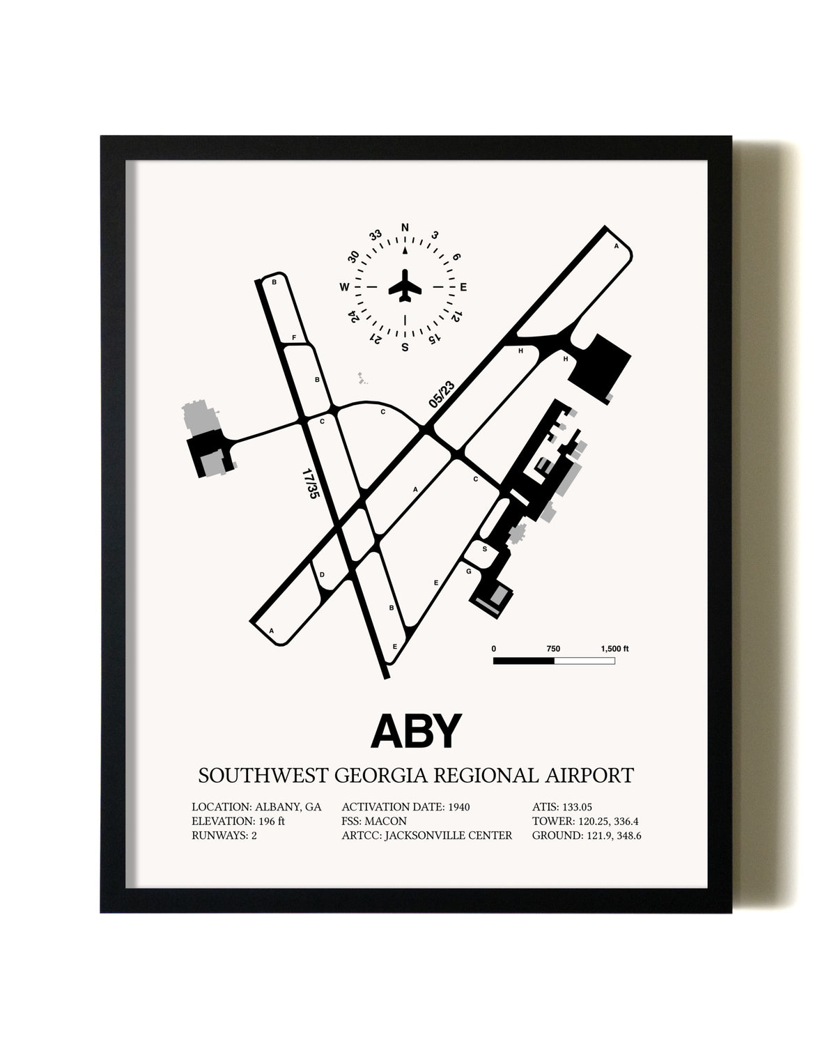 Framed Southwest Georgia Regional Airport wall art poster in black frame
