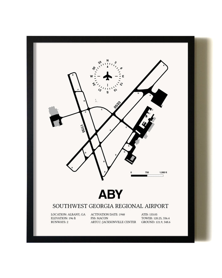 Framed Southwest Georgia Regional Airport wall art poster in black frame