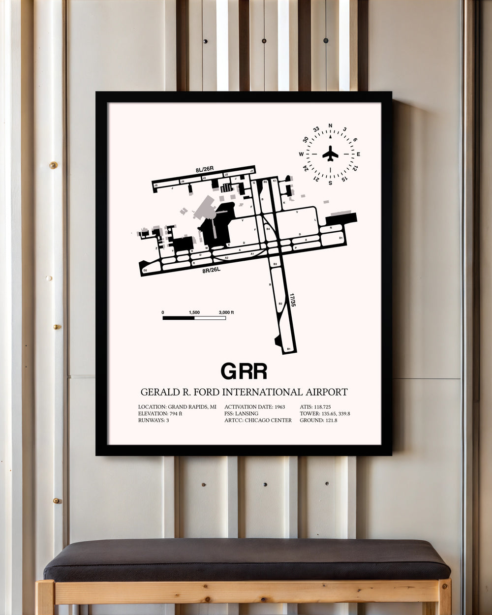 Gerald R. Ford International Airport framed poster displayed in an airplane hangar